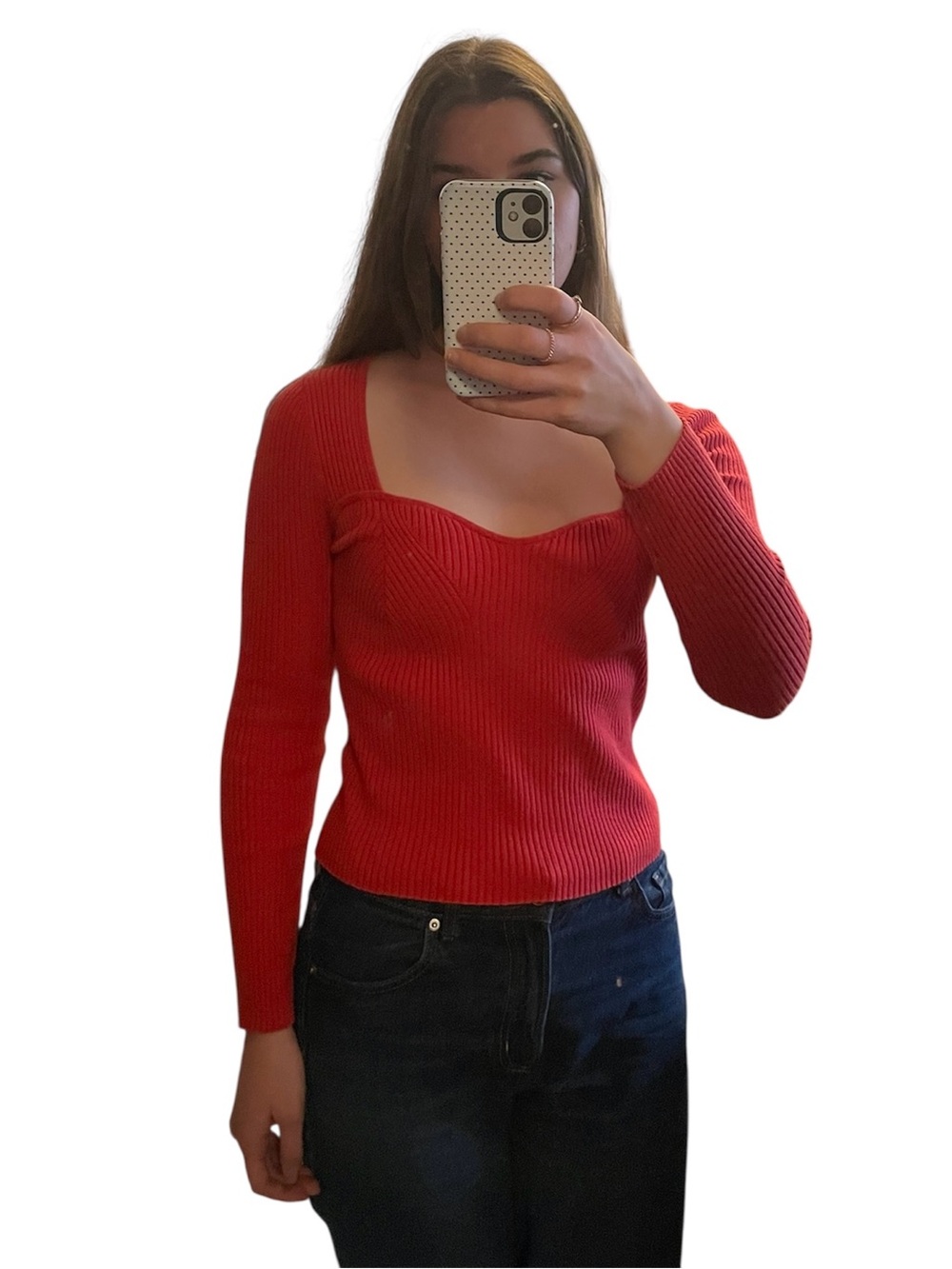 Red Ribbed Sweetheart Neck Long Sleeve Size Medium EUC Old Navy